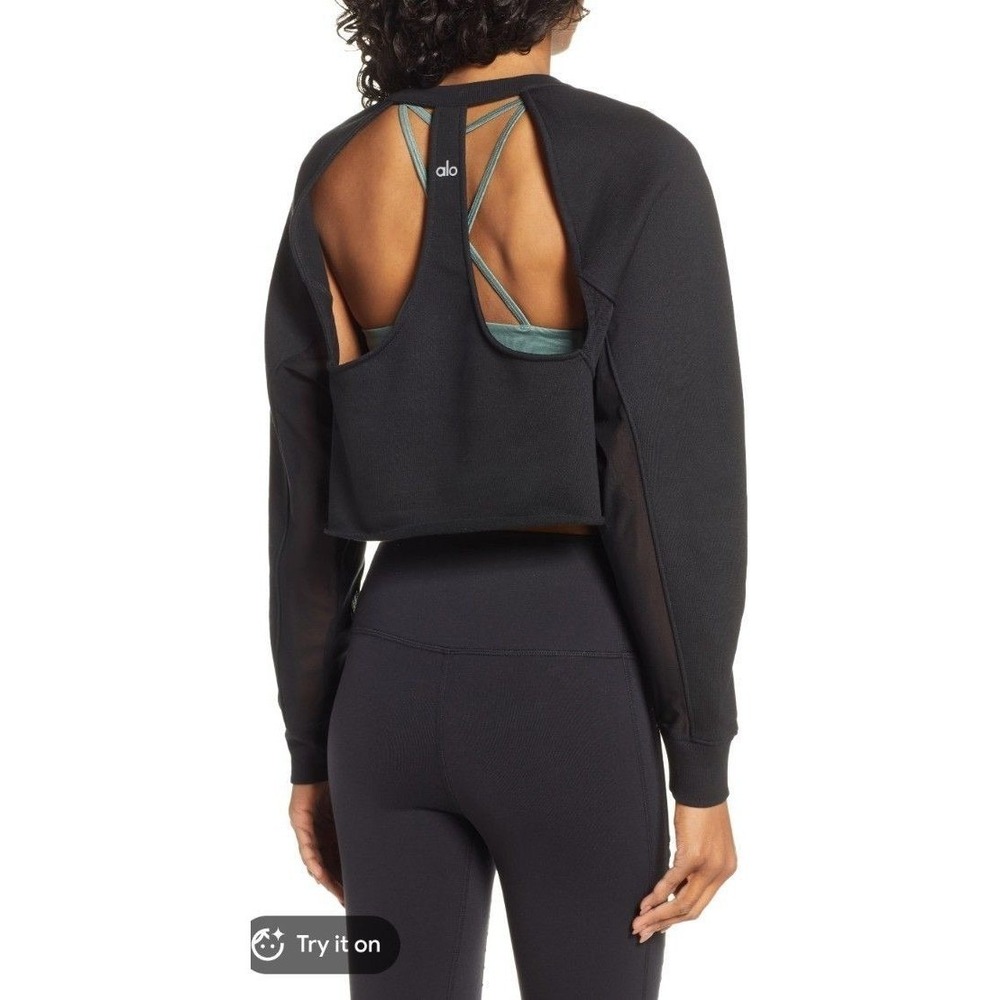 Alo Yoga Womens Fierce Pullover Black Sweatshirt XS Oversized Open Back Mesh